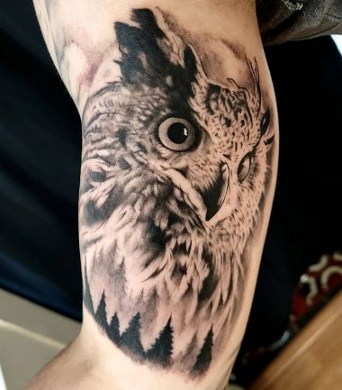 Татуировка совы на бицепсе у парня