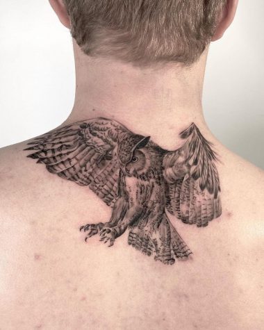 Татуировка совы вверху спины