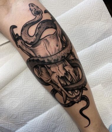 Змея вокруг черепа, графика, мужская тату на голени