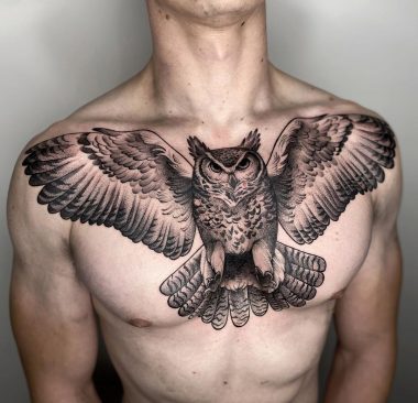 Мужская тату совы в графике на груди