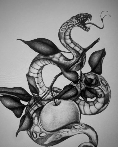 Змея и яблоко, эскиз тату в технике випшейдинг