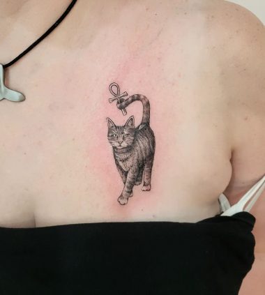 Кот с Анкхом, женская тату на груди