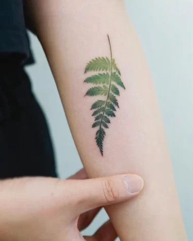 Маленький зеленый лист папоротника на руке у девушки